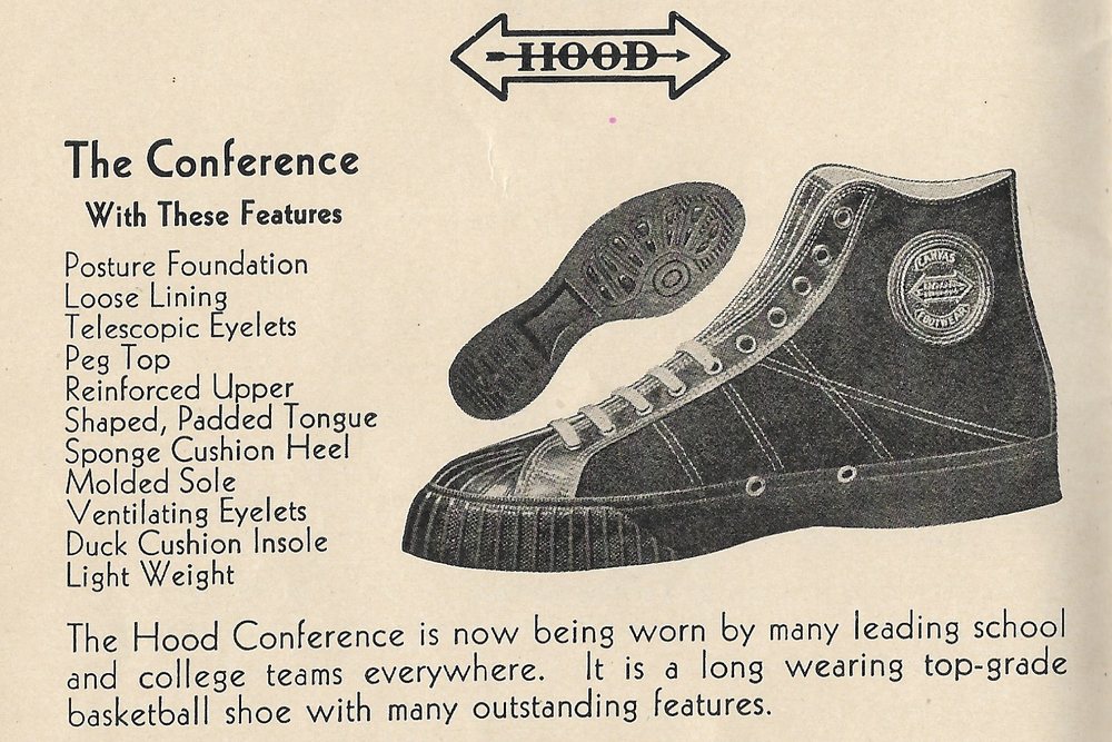 A 1936 Hood catalogue page for the Conference, a drawing of the high-top with its ridged toe cap and its sole, listing Posture Foundation, sponge cushion heel and molded sole