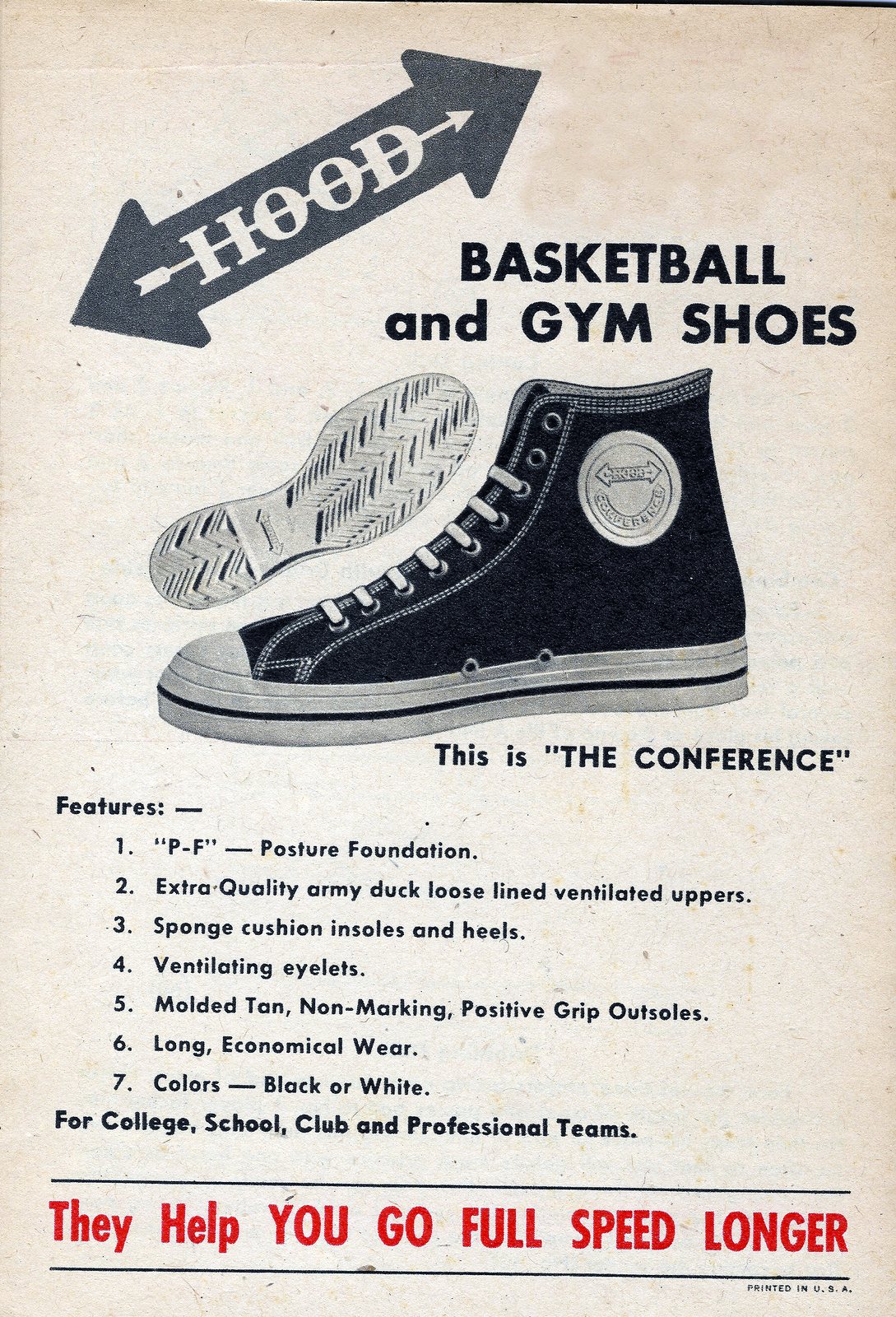 A 1955 Hood sheet headed Basketball and Gym Shoes, This is The Conference, listing its features and ending For College, School, Club and Professional Teams, They Help You Go Full Speed Longer