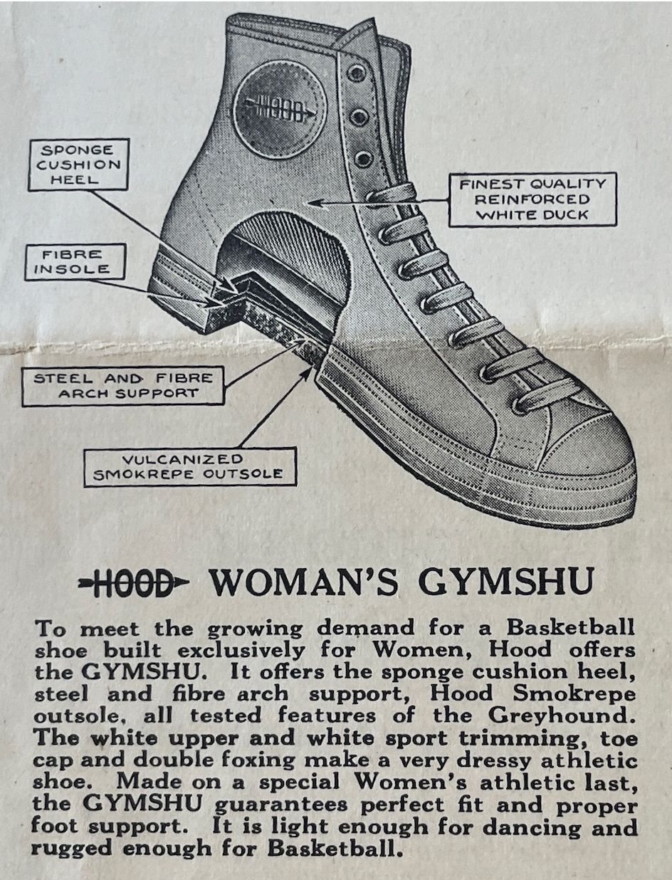 A Hood catalogue page for the Woman’s Gymshu, a cutaway drawing of a high-top labelled sponge cushion heel, steel and fibre arch support and vulcanized Smokrepe outsole