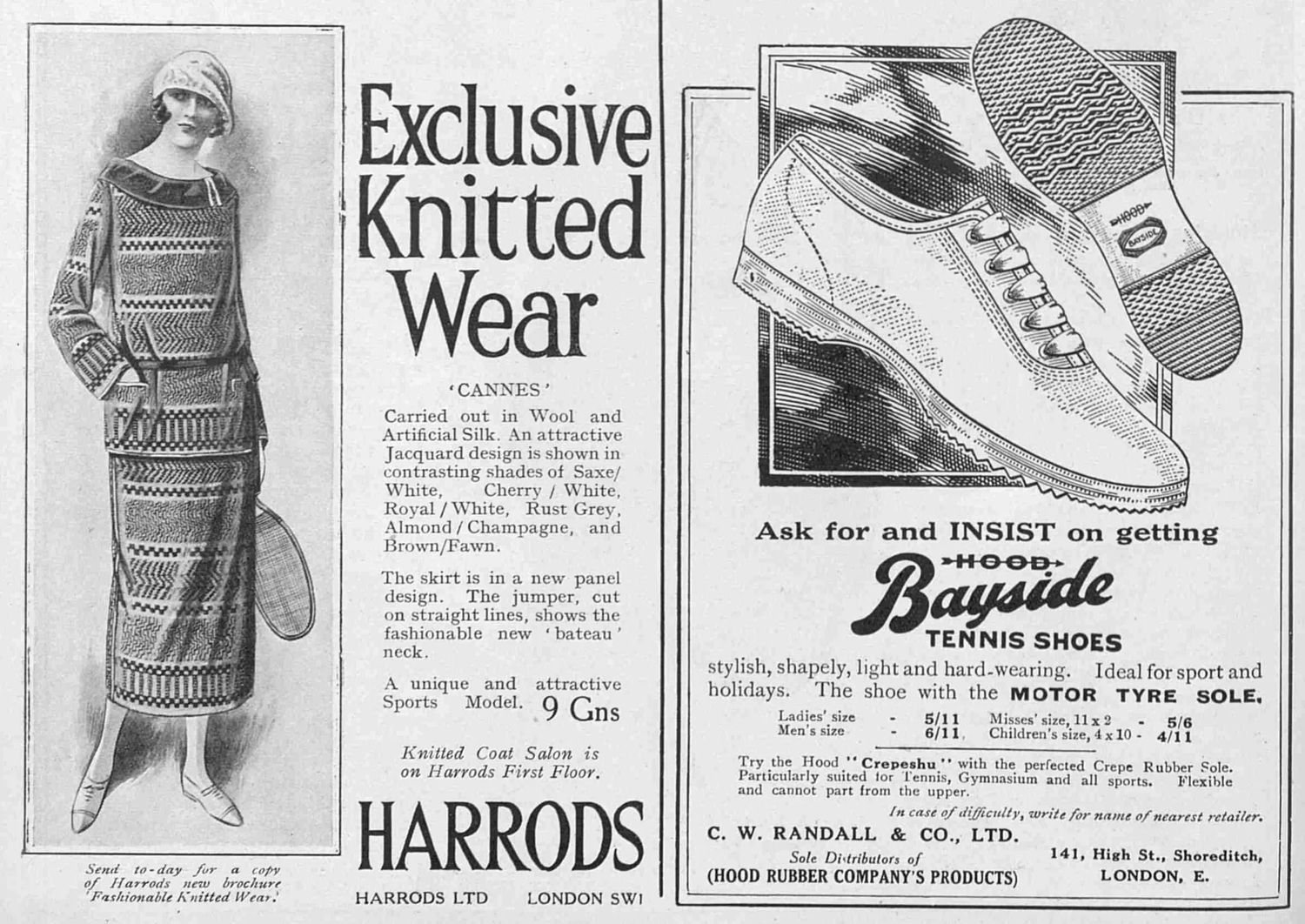 A London newspaper page with a Harrods knitwear advertisement beside an advertisement for Hood Bayside tennis shoes with the motor tyre sole