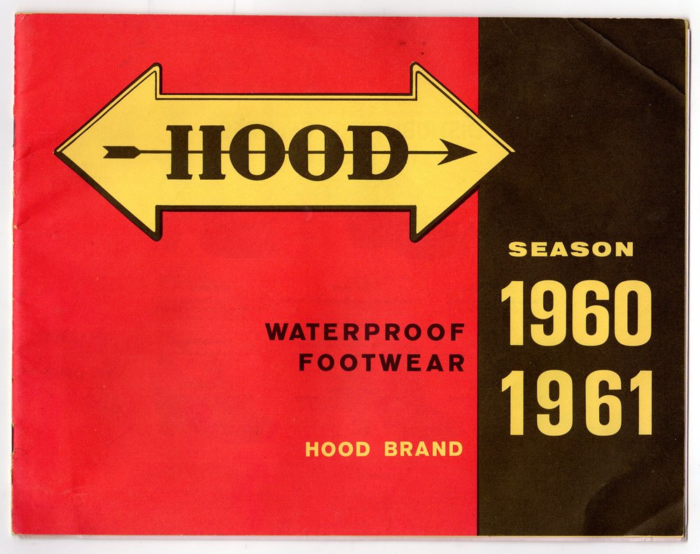 The 1960–61 Hood catalogue cover: a yellow double-headed arrow with HOOD across it on red