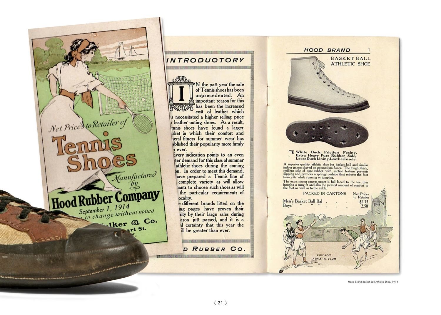 Hood’s 1914 basketball shoe, a tan and brown canvas high-top, in front of the September 1914 Hood tennis-shoe catalogue open to its basketball shoe page