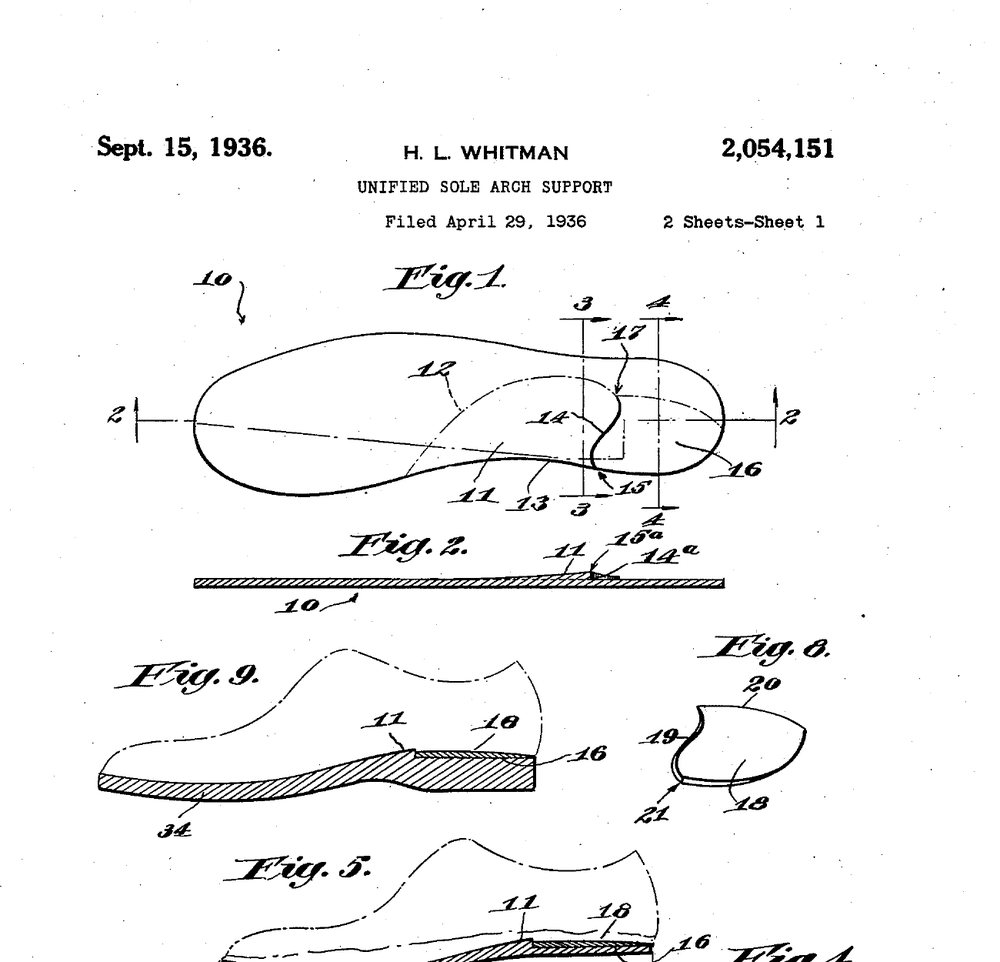 Patent drawing sheet for H. L. Whitman’s unified sole arch support, dated 15 September 1936, showing the arch in section and in a shoe