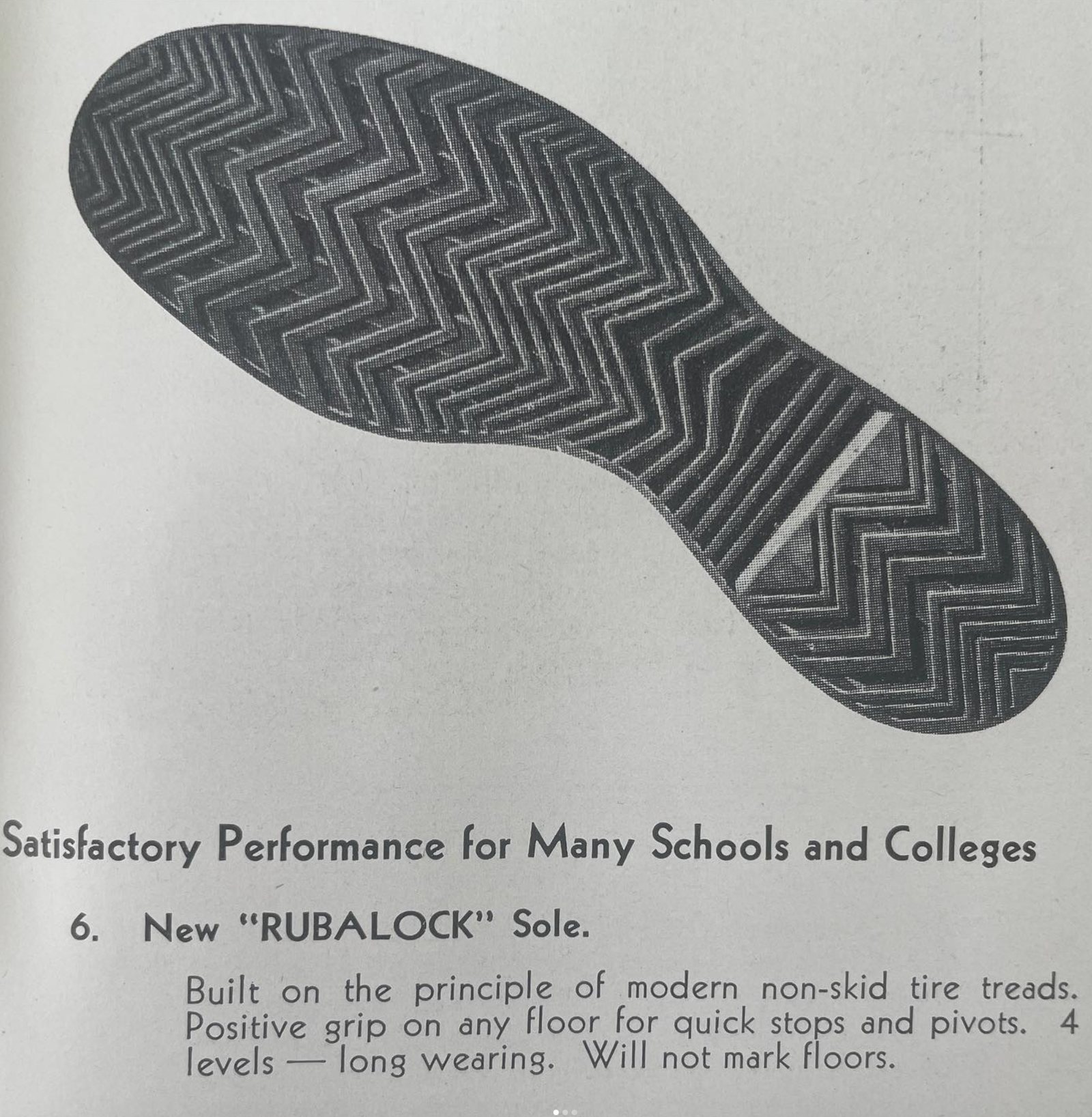 Catalogue page showing the zigzag Rubalock sole, captioned built on the principle of modern non-skid tire treads, positive grip on any floor for quick stops and pivots
