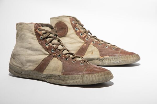 Maroon and cream paneled high-tops — Hood Rubber Company archive