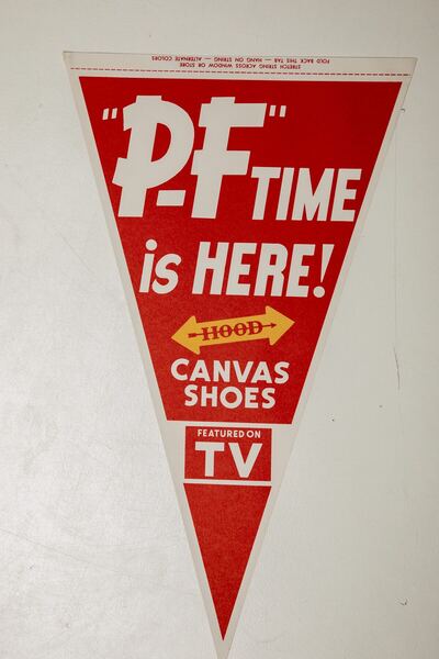 'P-F TIME is Here!' pennant — Hood Rubber Company archive
