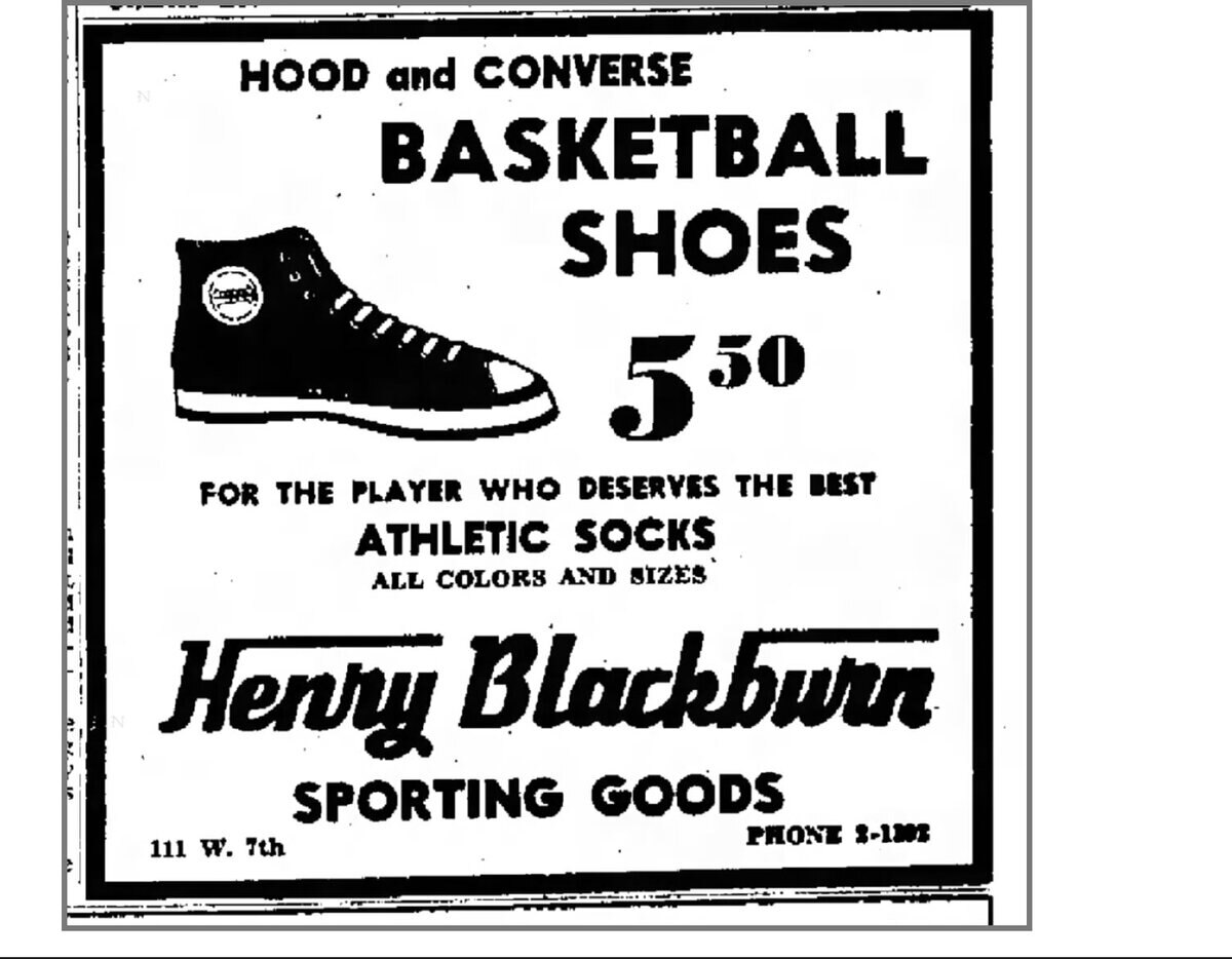 Newspaper advertisement headed HOOD and CONVERSE BASKETBALL SHOES, 5.50, for Henry Blackburn Sporting Goods, Amarillo, with an illustration of a high-top carrying the Hood ankle disc.