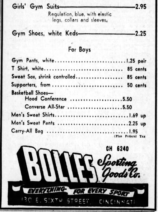 Bolles Sporting Goods newspaper advertisement, Cincinnati, 3 September 1947, with a back-to-school price list listing Basketball Shoes: Hood Conference 5.50, Converse All-Star 5.50.