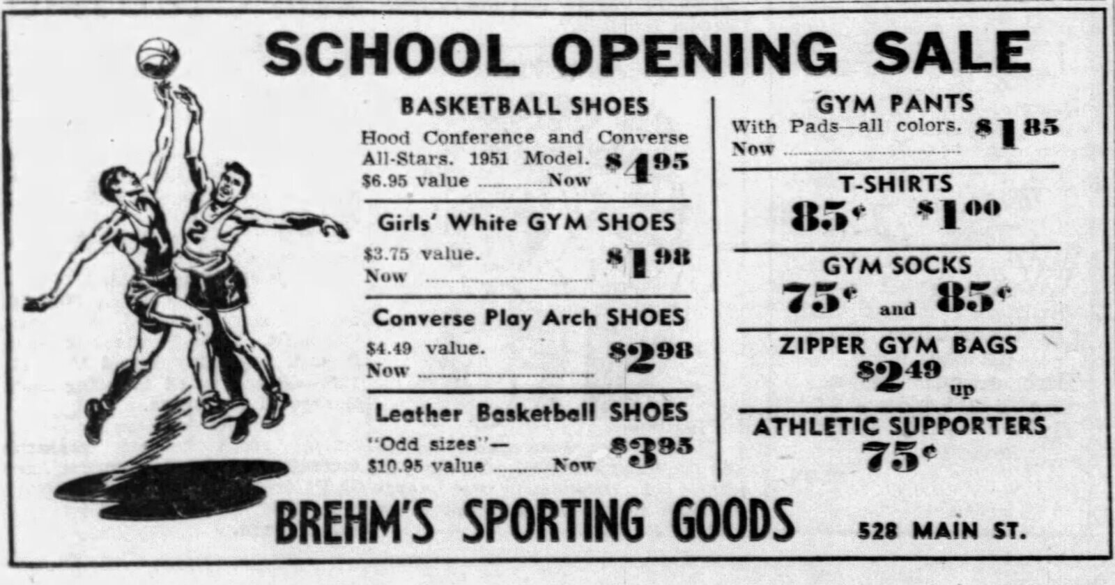 School Opening Sale newspaper advertisement for Brehm's Sporting Goods, 528 Main St., listing Hood Conference and Converse All-Stars together at 4.95.
