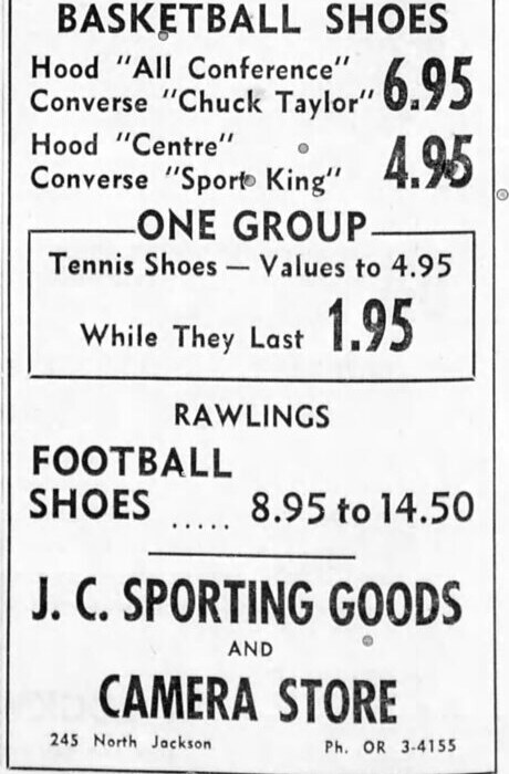 Gym clothes newspaper advertisement for J. C. Sporting Goods and Camera Store, listing Hood All Conference and Converse Chuck Taylor together at 6.95, and Hood Centre with Converse Sport King at 4.95.