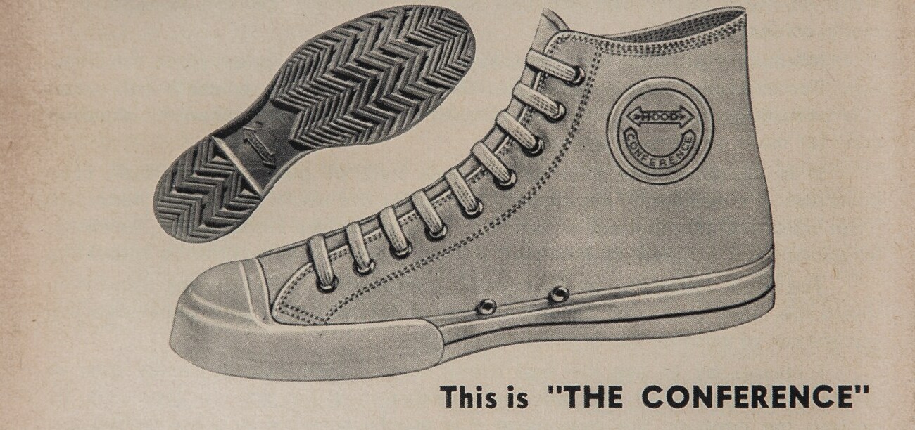 Artwork from the back cover of the 1957-58 booklet: the Conference drawn in profile with its outsole above it, the ankle disc reading HOOD over CONFERENCE, and the line &ldquo;This is THE CONFERENCE&rdquo;.