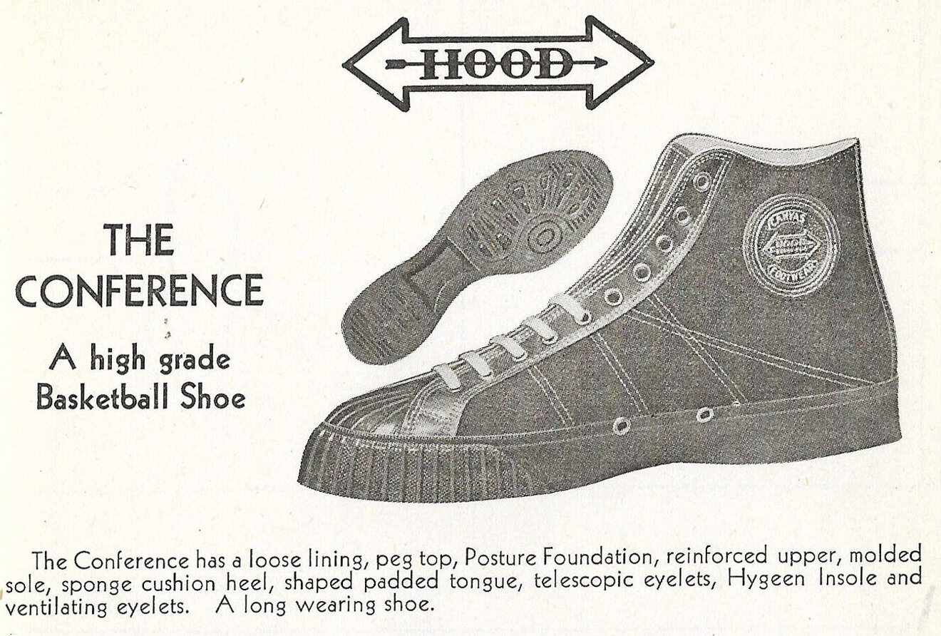 1934 Hood catalogue entry: THE CONFERENCE, a high grade basketball shoe, with side and sole illustrations.