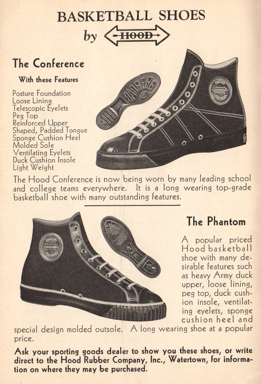 1936 Hood catalogue page headed BASKETBALL SHOES by HOOD, showing the Conference above and the Phantom below.