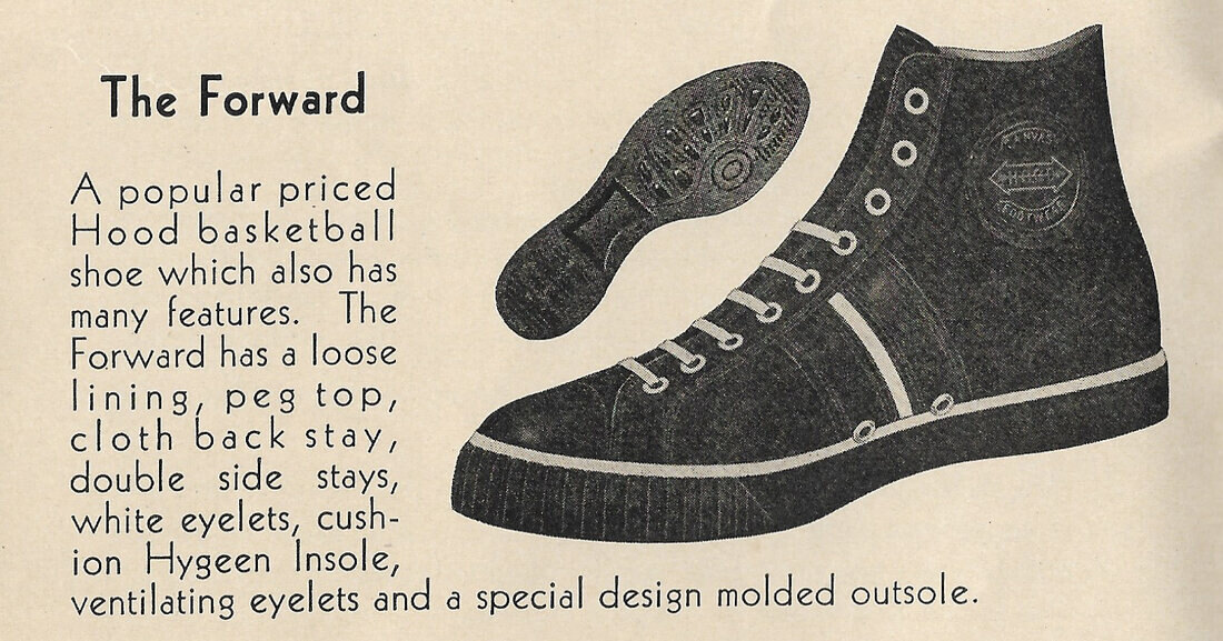 1936 Hood catalogue entry for The Forward basketball shoe, with side and sole illustrations.