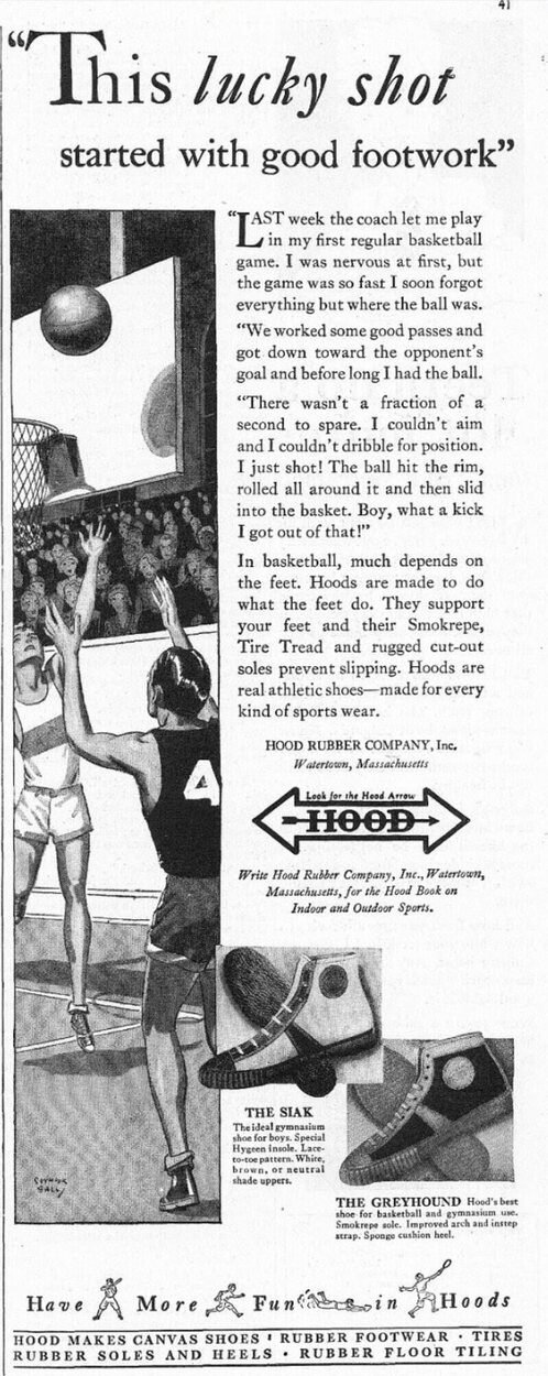 1930 Hood magazine advertisement headed &ldquo;This lucky shot started with good footwork&rdquo;, with a basketball photograph and the Siak and Greyhound shoes below.