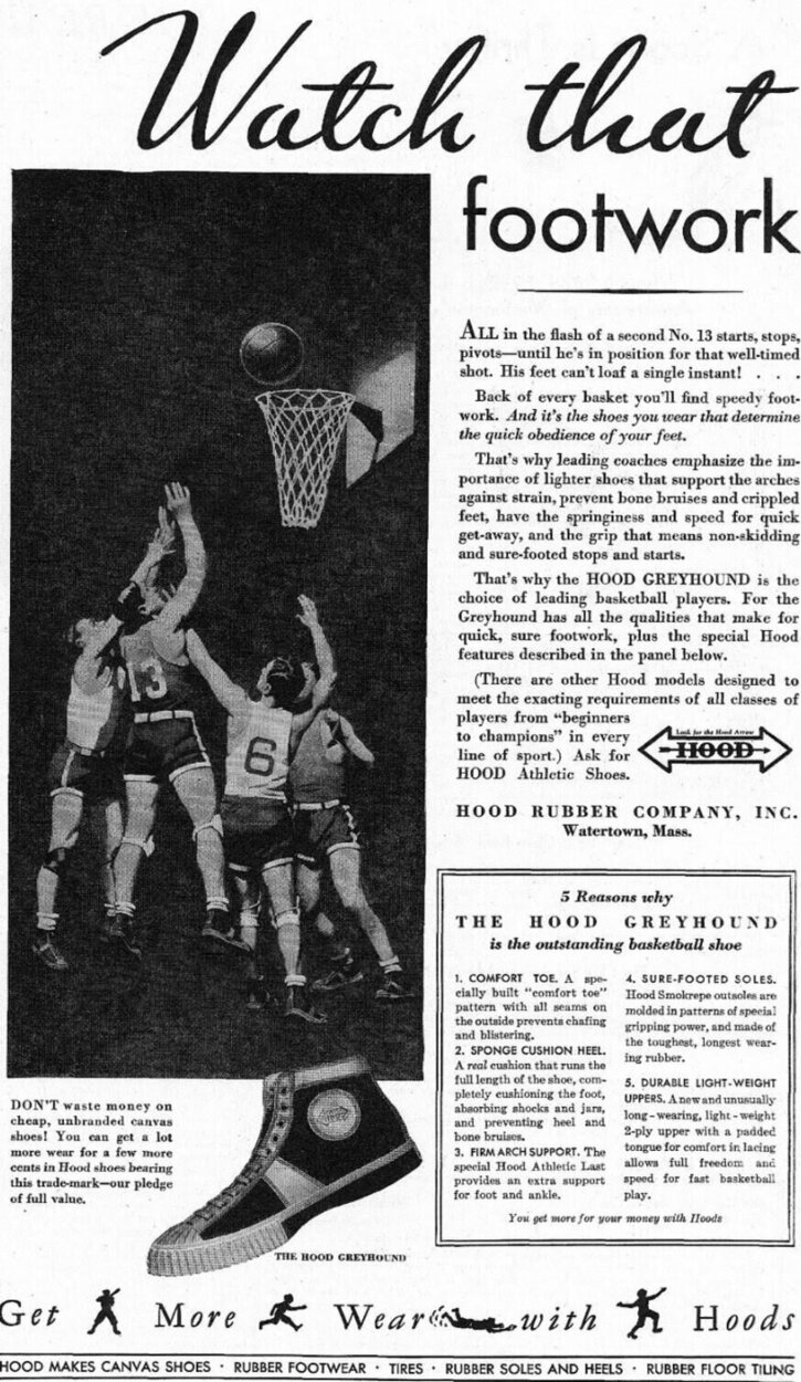 1931 Hood advertisement headed &ldquo;Watch that footwork&rdquo;, with a photograph of a lay-up and five reasons why the Hood Greyhound is the outstanding basketball shoe.