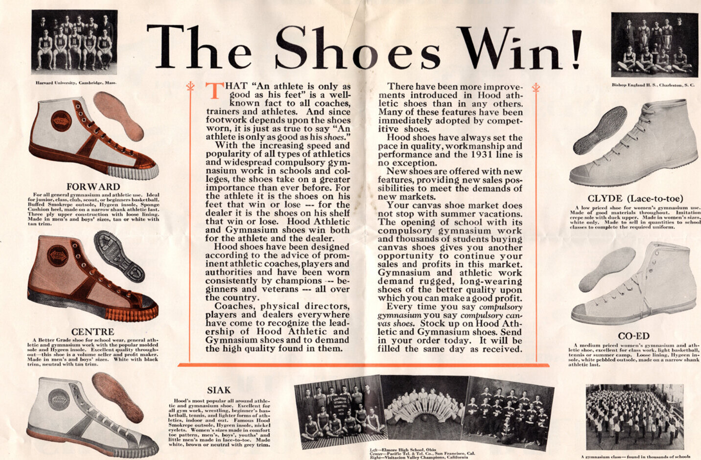 1932 Hood catalogue spread headed &ldquo;The Shoes Win!&rdquo;, showing the Forward, Centre, Siak, Clyde and Co-Ed models with championship team photographs.