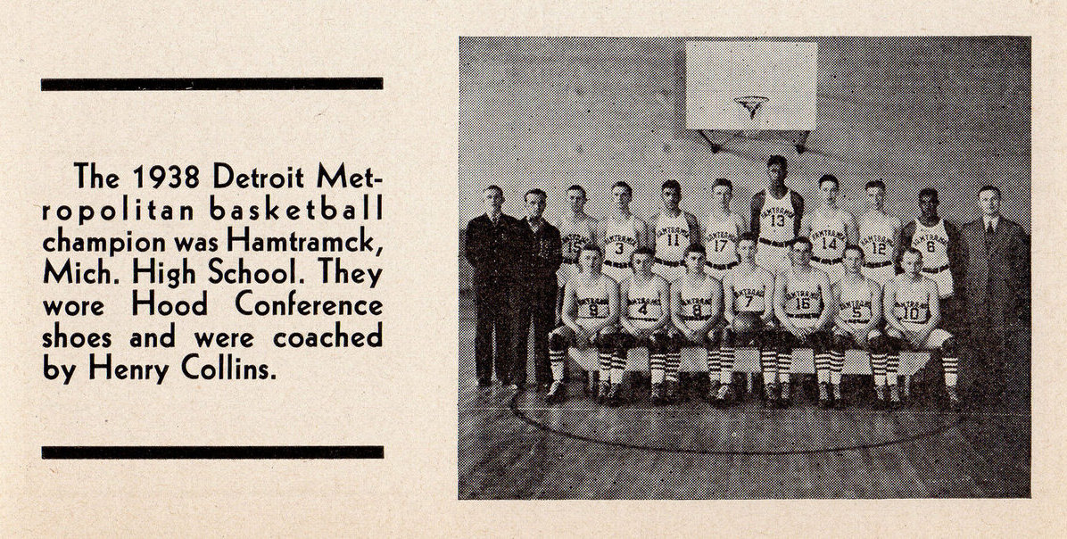 Hood catalogue clipping: the 1938 Detroit Metropolitan champion team from Hamtramck, Michigan, photographed on court.