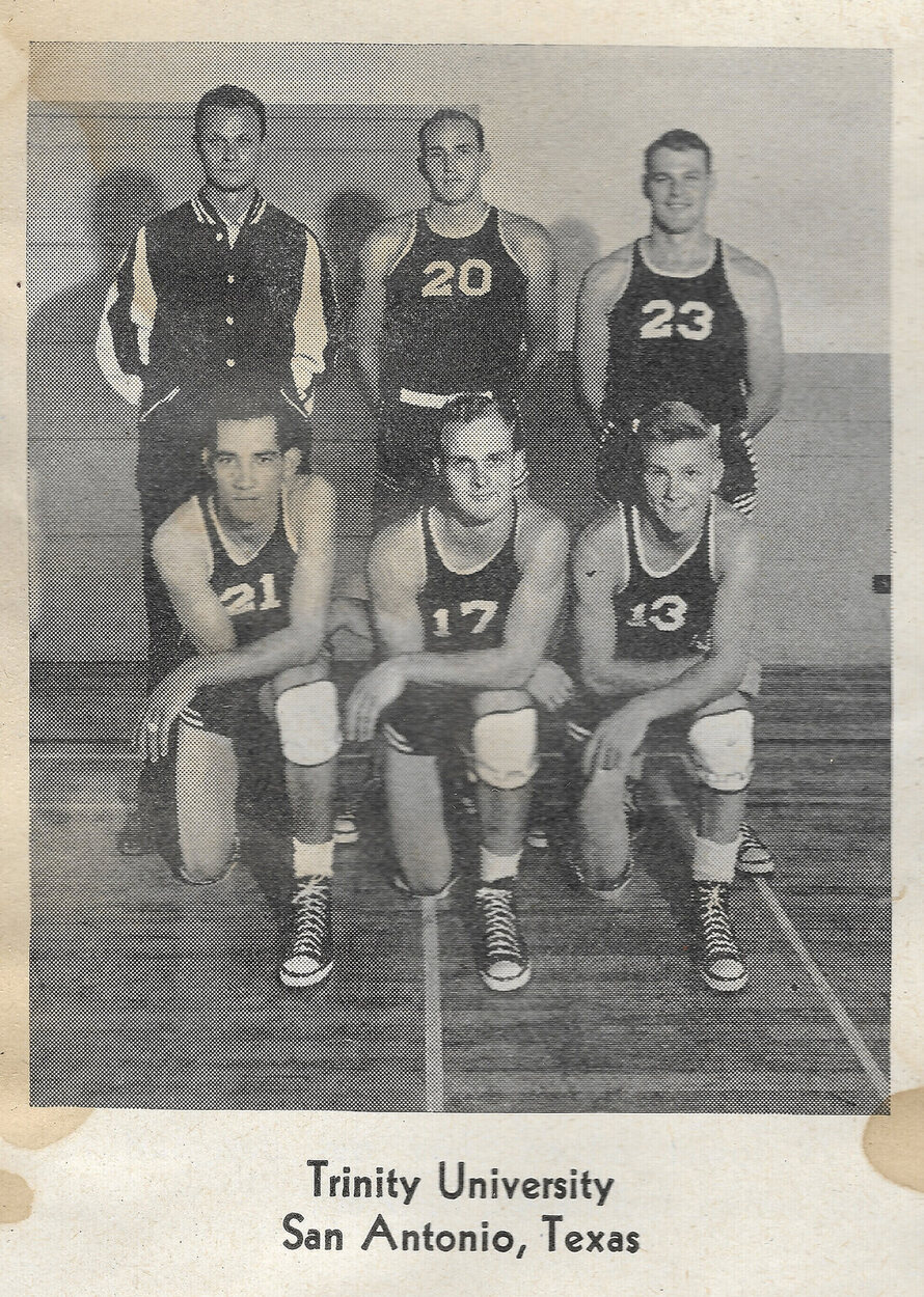 Team photograph of six Trinity University basketball players in uniform, all wearing Hood Conference high-tops, captioned Trinity University, San Antonio, Texas.