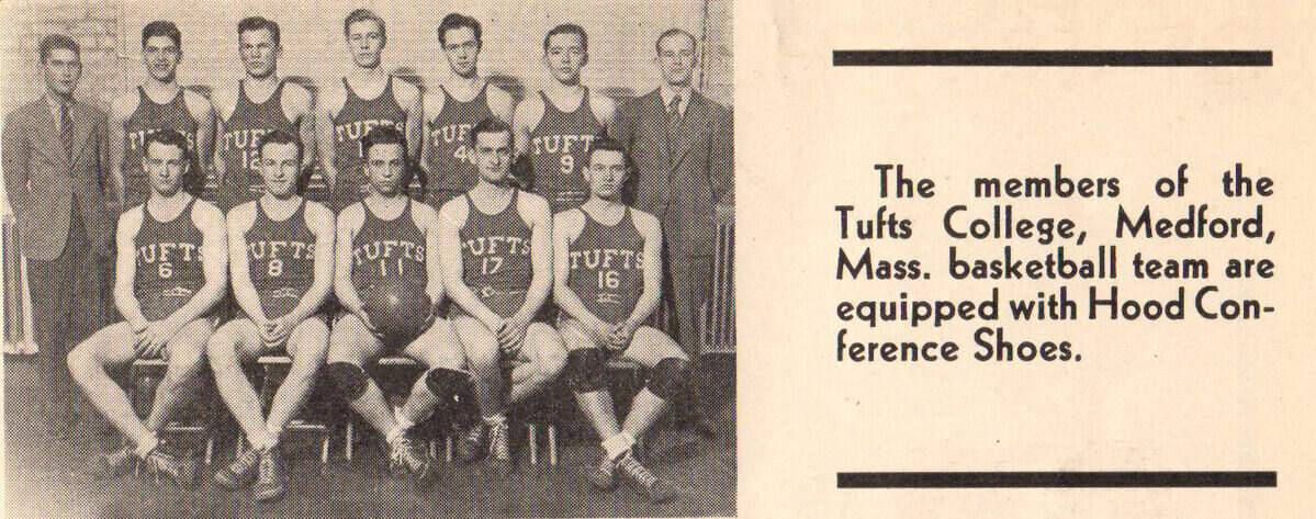 Hood catalogue clipping: the Tufts College basketball team photographed in uniform, with a note that they are equipped with Hood Conference shoes.