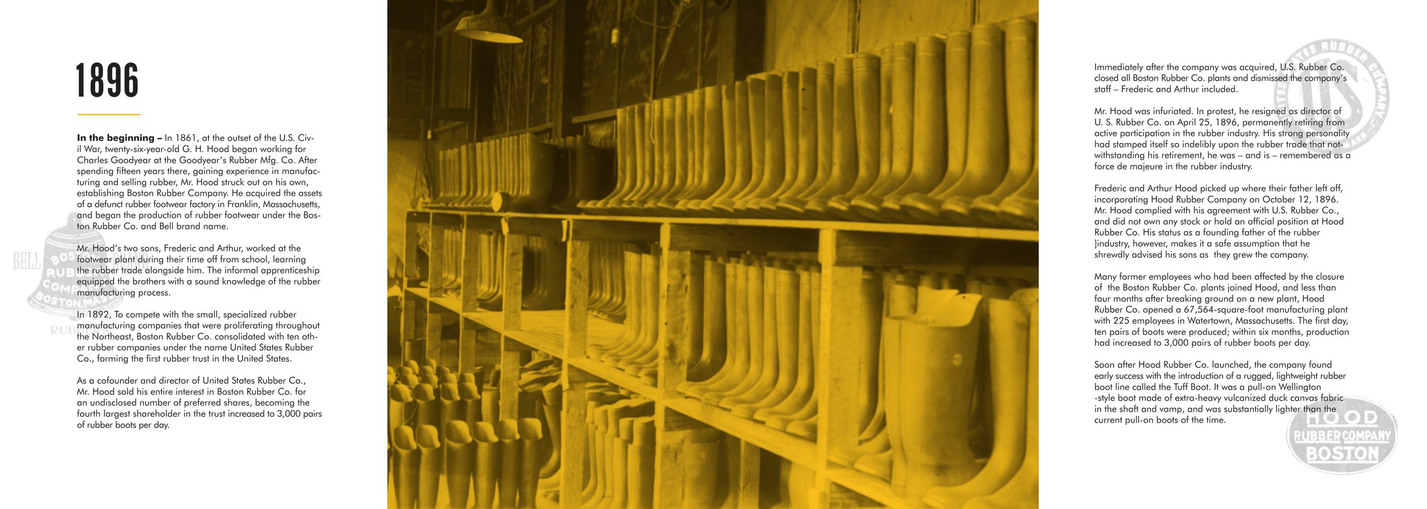 Rubber boots racked floor to ceiling in the Watertown plant, beside the story of the company’s founding in 1896