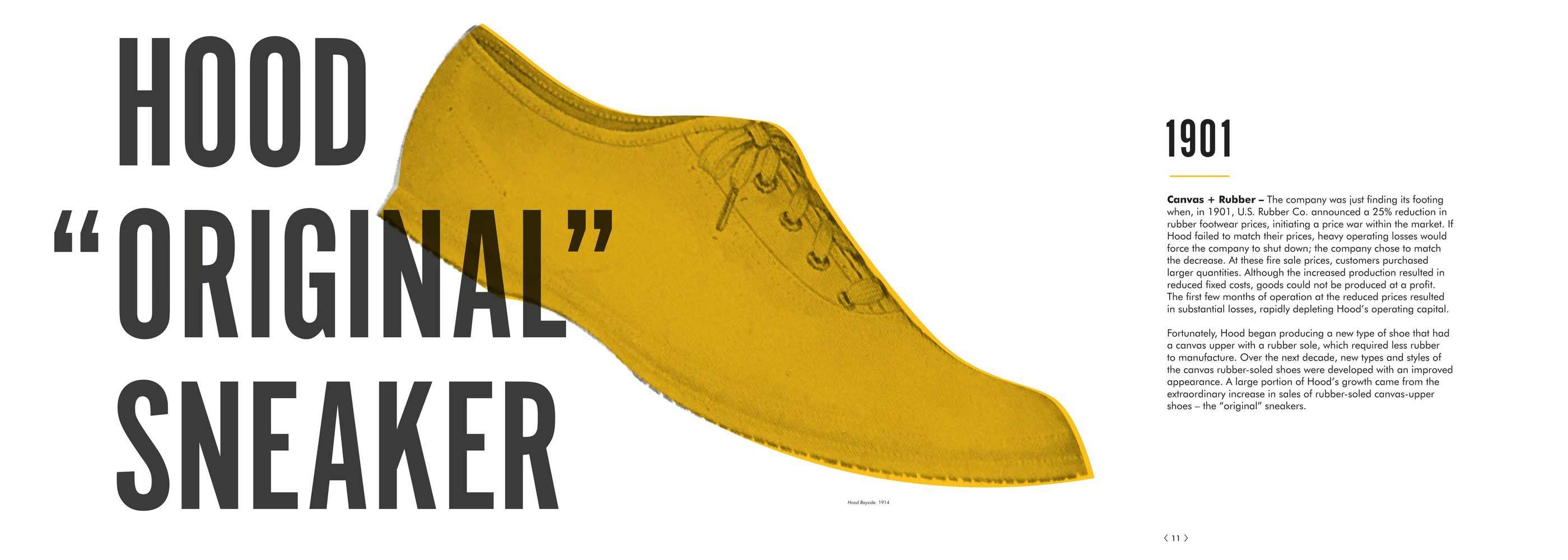 A yellow canvas low-top with a rubber sole, headlined Hood “Original” Sneaker