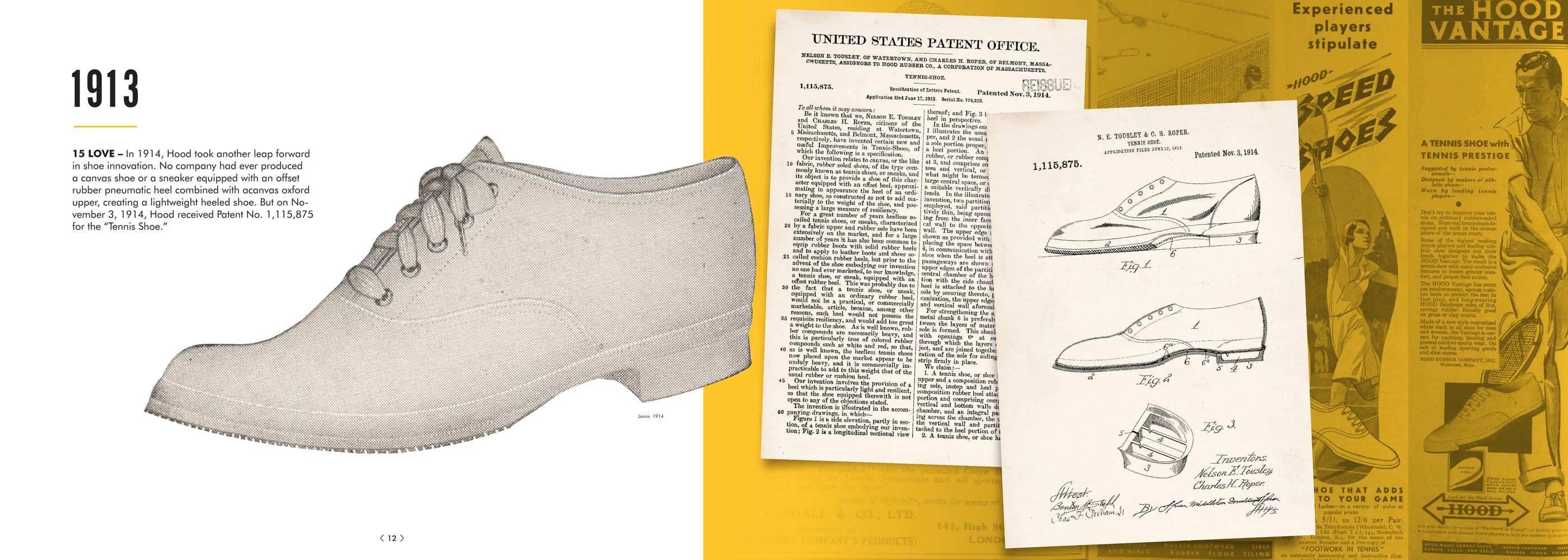 A white canvas oxford beside a United States patent filing and period catalogue pages