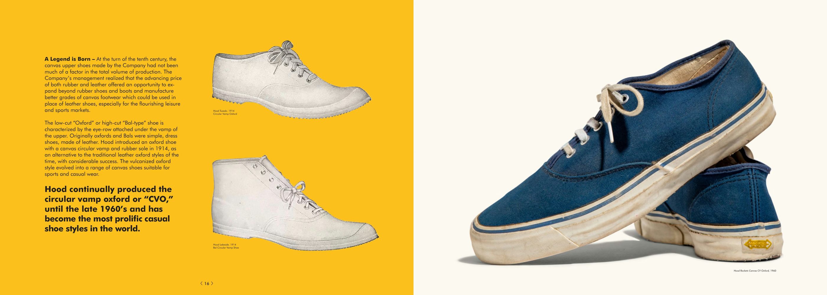 White canvas oxfords from a period catalogue and a worn blue canvas deck shoe