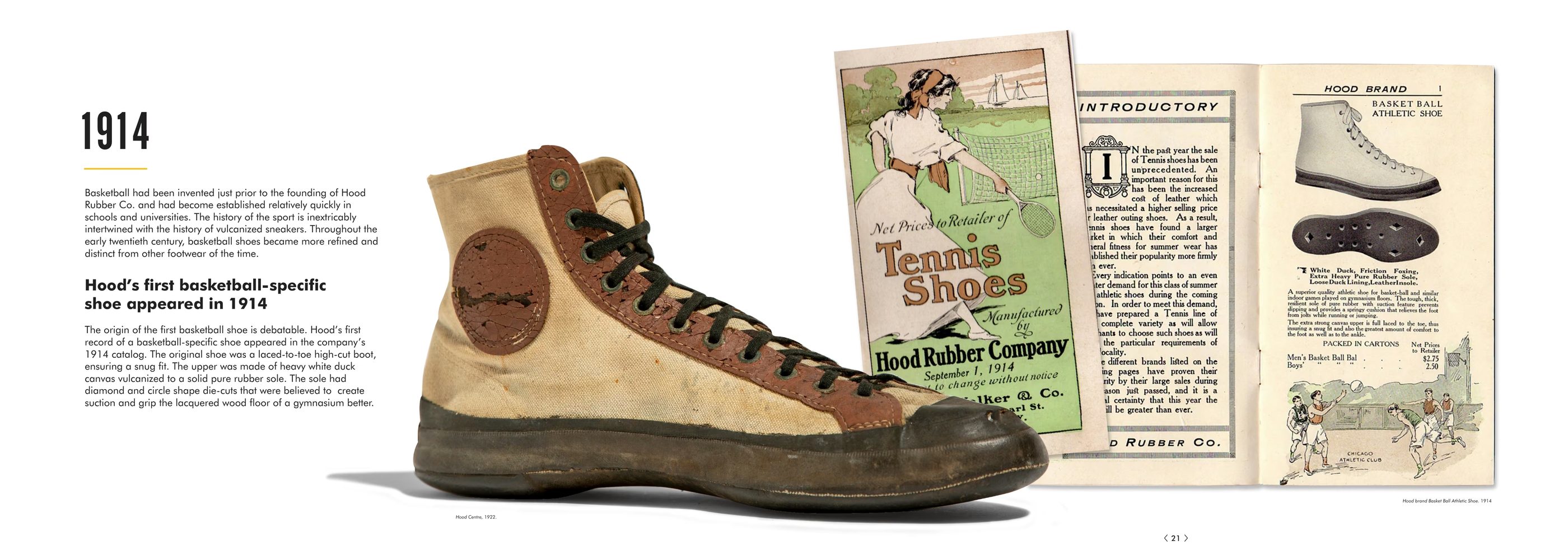 Hood’s 1914 basketball shoe, a tan and brown high-top, with the 1914 tennis-shoe catalogue