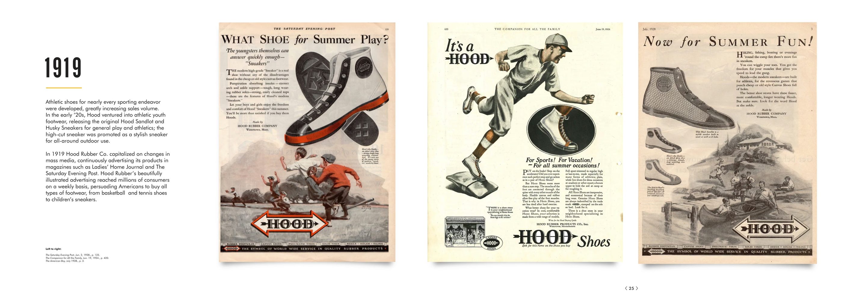 Three Hood magazine advertisements from 1919, including What Shoe for Summer Play?