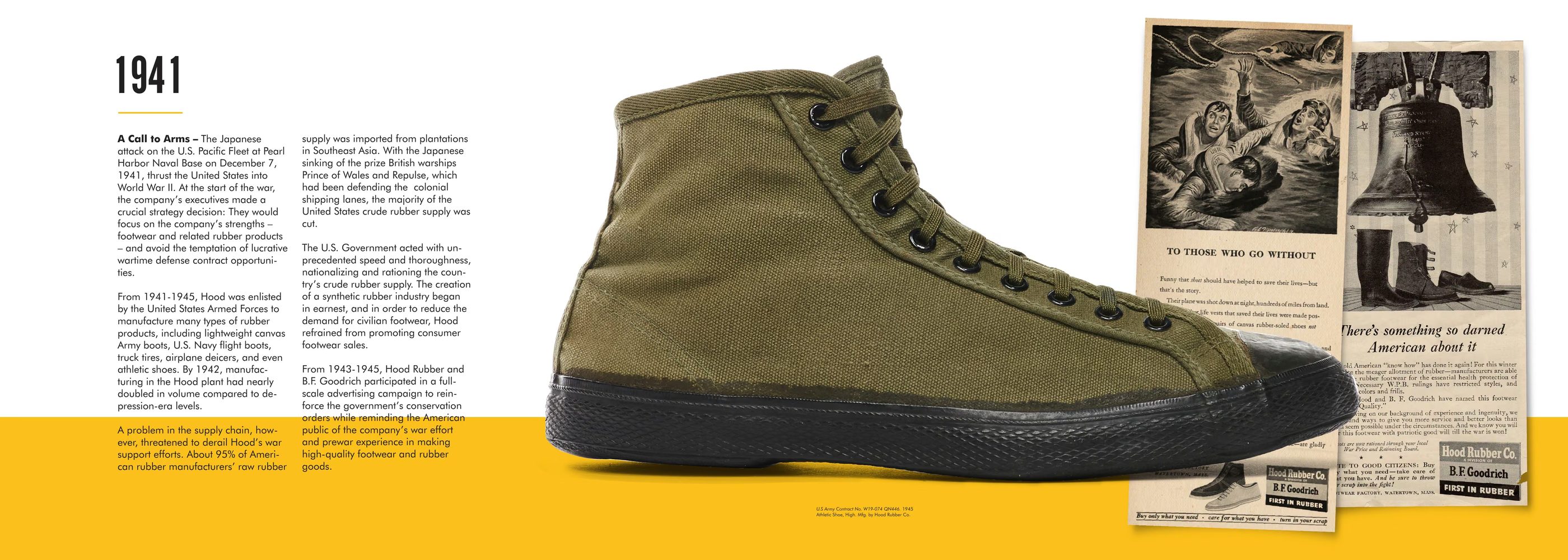An olive-drab canvas high-top made during the Second World War, with wartime advertising