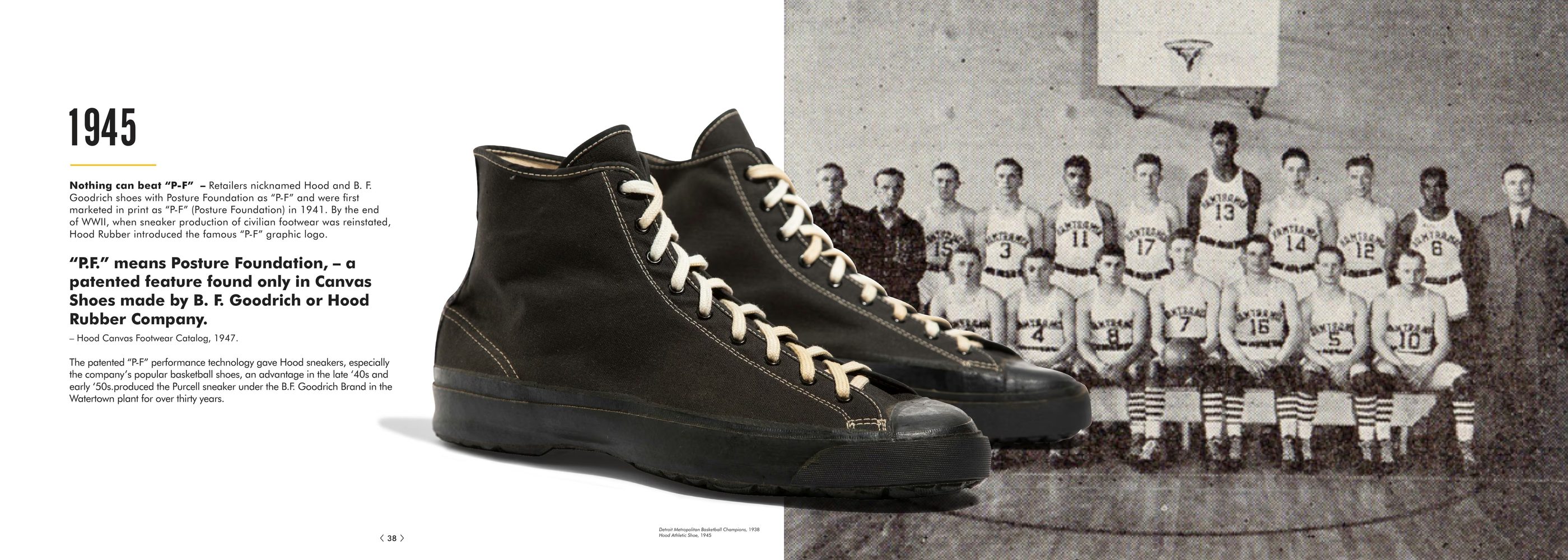 A pair of black canvas high-tops beside a period basketball team photograph