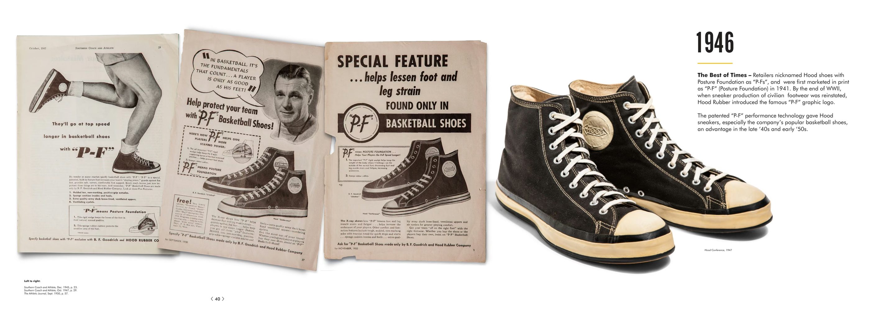 P-F advertisements and a pair of black canvas high-tops