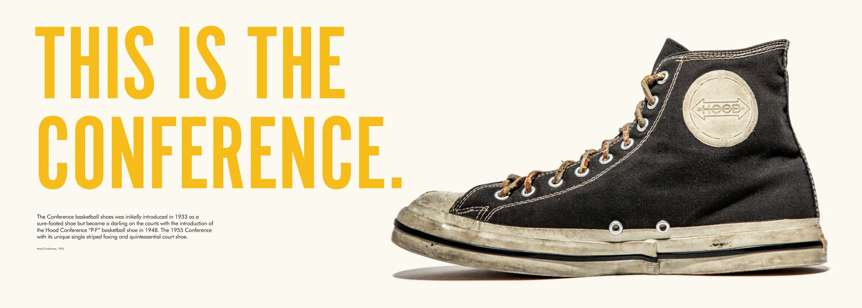 The Hood Conference, a black canvas high-top with the white rubber Hood disc at the ankle