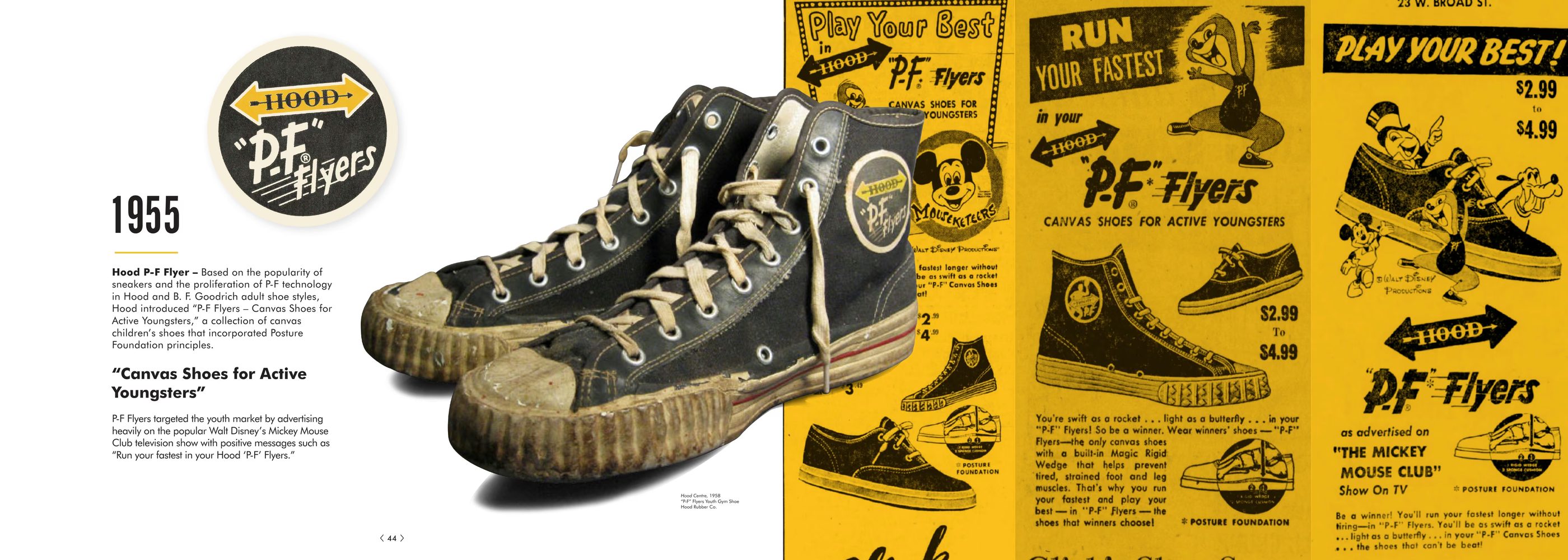 The P-F Flyers patch, a worn pair of black high-tops and P-F Flyers advertisements