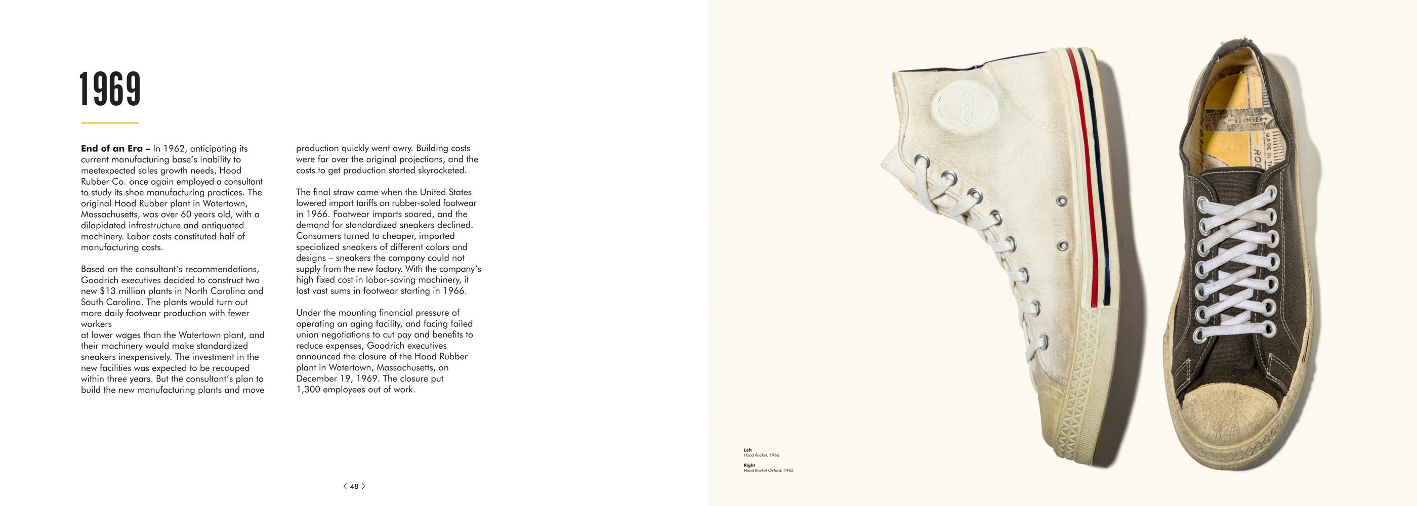 A white canvas high-top and a worn low-top beside the account of the plant’s closing