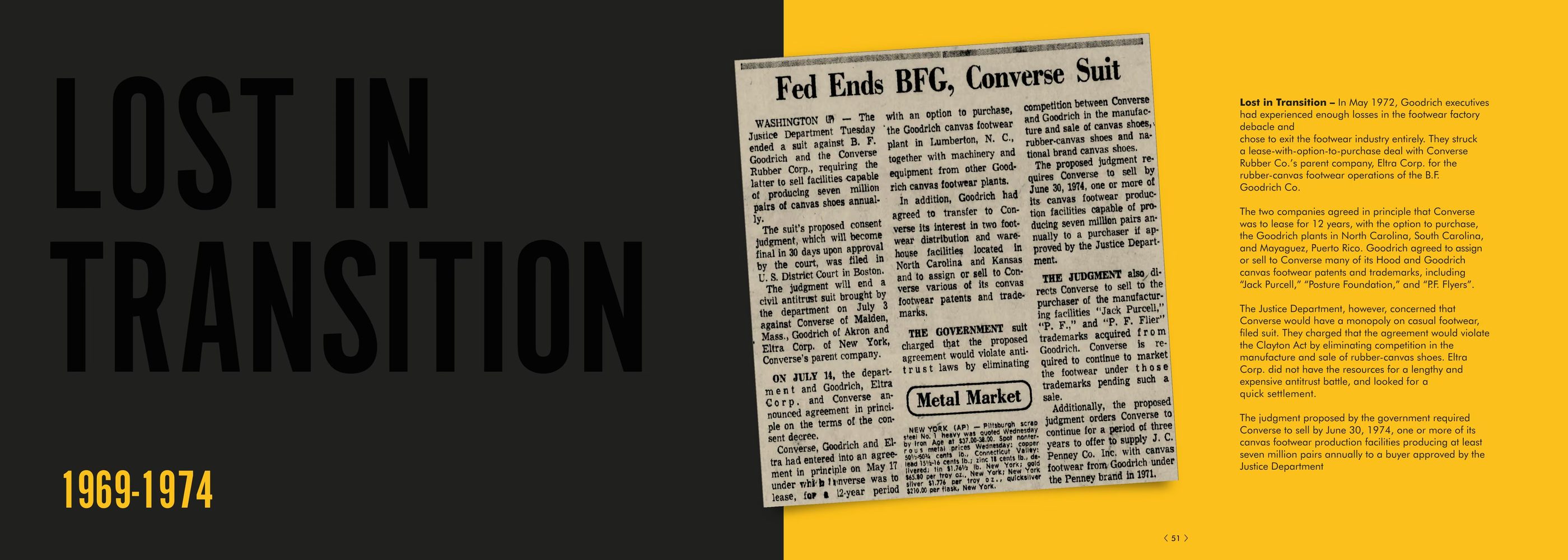 A newspaper clipping headlined Fed Ends BFG, Converse Suit, under the words Lost in Transition
