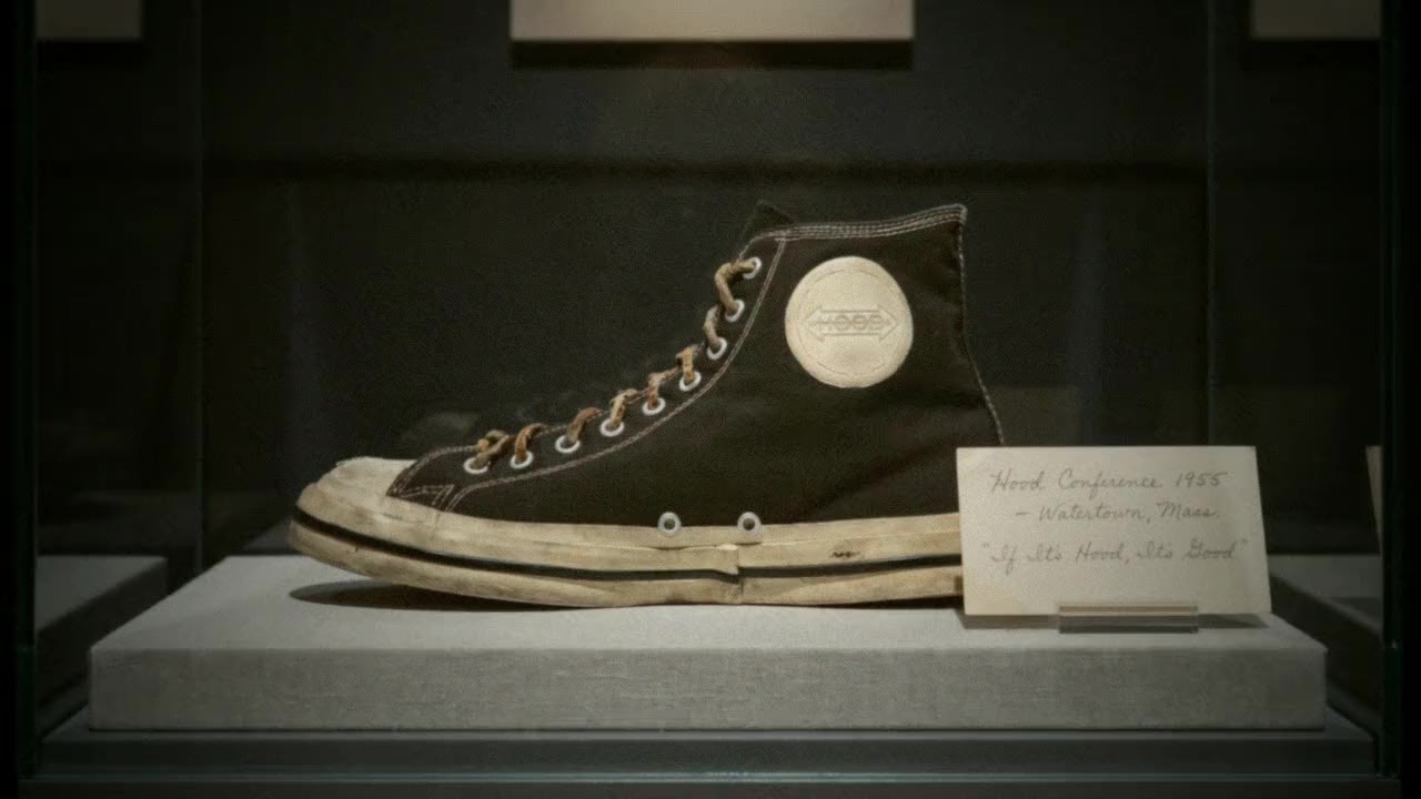 The 1955 Hood Conference in a museum case beside a handwritten card reading Hood Conference 1955, Watertown, Mass.